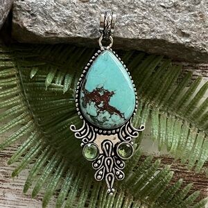 Teardrop Turquoise & Peridot Gemstone Silver 2.8” Pendant